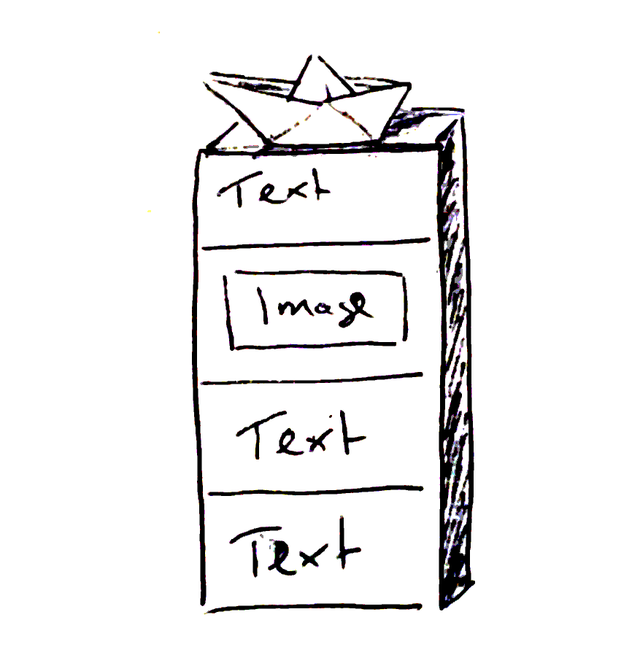 Drawing of four content blocks stacked on top of each other, crowned by a paper boat.